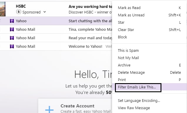 Use email filters to stop spam emails in Yahoo.
